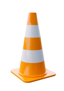 Turuncu plastik trafik konileri beyaz arka planda izole edilmiş. 3B illüstrasyon
