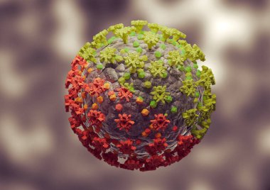 Coronavirus mutasyonu. Yeni varyant ve SARS CoV 2 türü. Mikroskobik görüntü. 3B görüntüleme