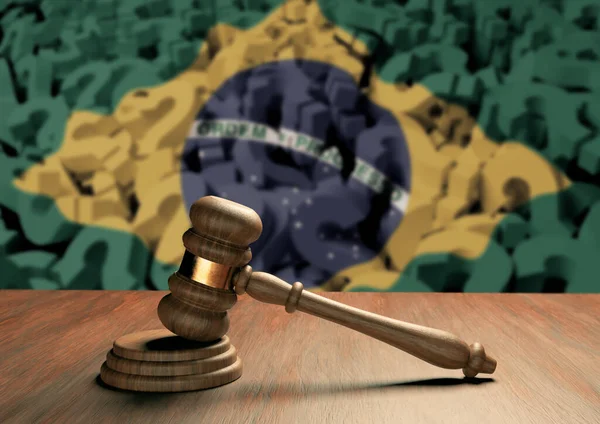 Drewniany Młotek Sędziego Symbol Prawa Sprawiedliwości Flagą Brazylii Brazylijski System — Zdjęcie stockowe