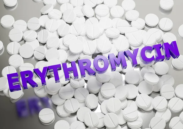 エリスロマイシン錠剤抗生物質は 細菌感染症型クラミジアおよび梅毒の治療に使用される 文字3Dイラスト — ストック写真