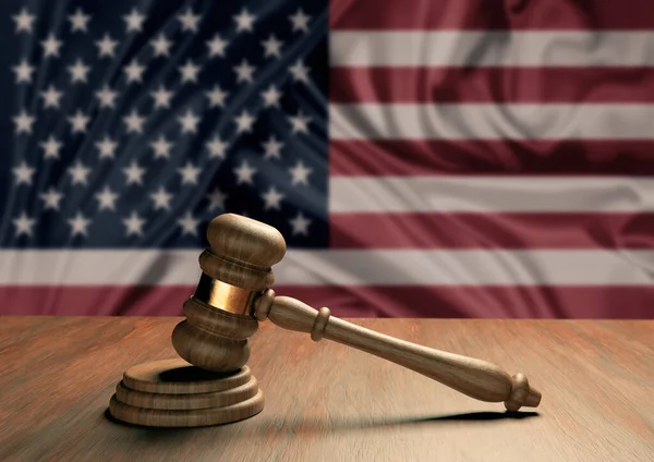 Tahta Hakimin Amerikan Bayrağıyla Hukukun Adaletin Sembolü Kuzey Amerika Yüksek — Stok fotoğraf