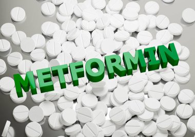 Yığınla metformin hapları üzerine mektup yazıyorum. Şeker hastalığının tedavisinde kullanılan ilaçlar. 3B illüstrasyon