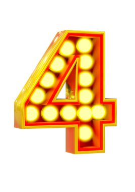 Beyaz arka planda parlayan ampullü dört numaralı altın 3D. 3B illüstrasyon