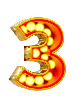 Beyaz arka planda parlayan ampullü üç numaralı altın 3D. 3B illüstrasyon