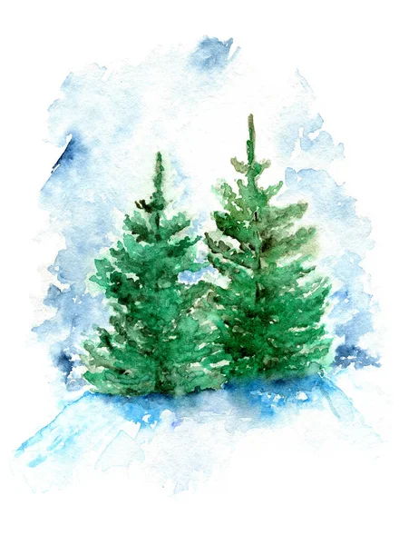 Fir Trees Winter Landscape Watercolor Painting Winter Holidays Decoration Hand — Stock Photo, Image