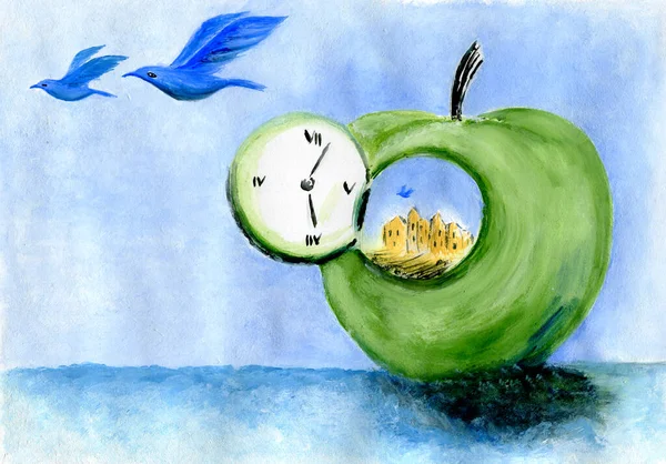 Uçmak için özgür. Kağıt üzerinde Gouache resmi. Mavi kuşlar Apple kasabasında saklı küçük bir dünyadan uçuyorlar.