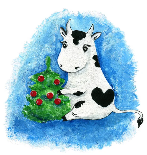 Yeni Yıl İneği şirin bir illüstrasyon. Gouache resmi çocuklar, baskılar ve kartlar için her Noel ve yeni yıl için güzel bir örnektir. 