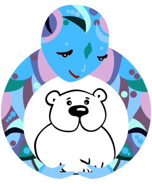 Beyaz ayı koruyucusu illüstrasyonu. Nesli tükenmekte olan türleri koruyan insanlığı temsil eden vektör amblemi. Ekolojik zihin sembolü