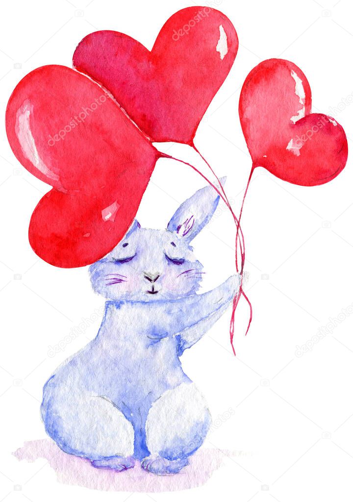 Cute bunny holding balloons in shape of red hearts. Watercolor illustration on white background can be a part of valentine's day or wedding day decoration, print on greeting cards, posters, invitation