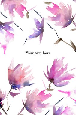 Bahar kartı şablonu, suluboya şeklinde soyut çiçek deseni. Bahar olaylarıyla ilgili her türlü kart, poster, reklam için yüksek çözünürlüklü dikdörtgen şablonu
