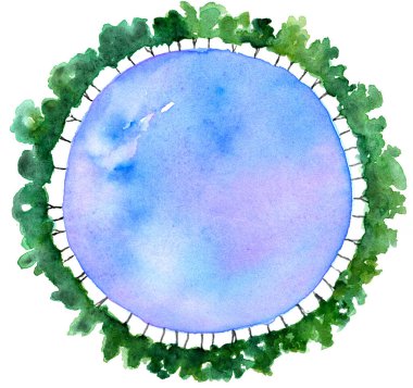 Suluboya ile çizilmiş yeşil gezegen çizimi. Orman ve dünyanın dört bir yanındaki ağaçlar. Çevre sorunlarına ekolojik yaklaşımın sembolü. Ekonomi projeleri için parlak suluboya arkaplan