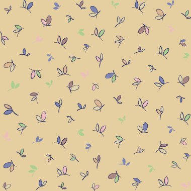 Pembe, yeşil ve menekşe rengi yapraklı pürüzsüz desen. Küçük elementlerle bej arkaplan, pürüzsüz yazdırma