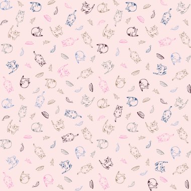 Yumuşak pembe arka planı olan kusursuz ev kedisi deseni. Pastel renklerde komik kedi çizimi. Ev dekoru baskısı. Çocuk odası dekorasyonu