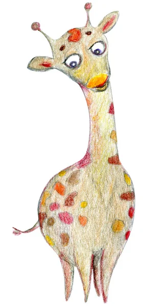 Leuke Giraffe Illustratie Hand Getekend Met Kleurrijke Potloden Kinderachtige Tekening — Stockfoto