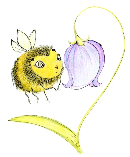 Cute Bee Flying Bluebell Pencil Drawing Isolated White Honey Bee — Stock Photo, Image