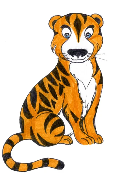 Lindo Tigre Ilustración Aislada Blanco Dibujo Marcador Estilo Infantil Para —  Fotos de Stock