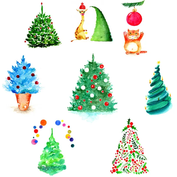 Brillante Conjunto Ilustración Navidad Acuarela Pinturas Animales Lindos Colección Árboles — Foto de Stock