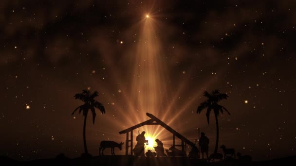 Christmas Scene Twinkling Stars Brighter Star Bethlehem Sparkling Nativity Characters — Stock Video