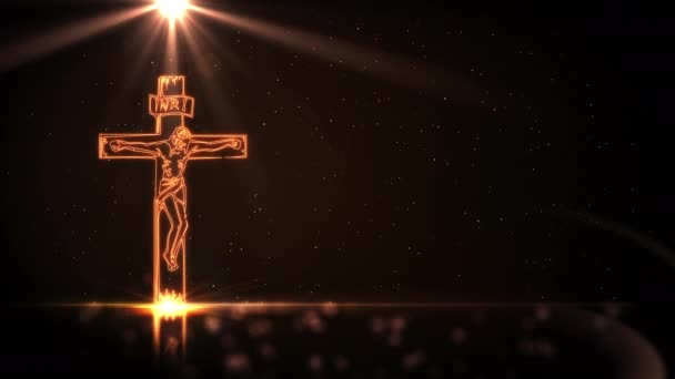 Jezus Chrystus Krzyżu Złotym Światłem Czarnym Tle Rozproszonymi Światłami Obracającymi — Wideo stockowe
