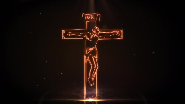 Jezus Chrystus Krzyżu Jest Rysowany Złotym Światłem Czarnym Tle Rozproszonymi — Wideo stockowe