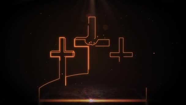 Tres Cruces Una Colina Dibujada Con Luz Dorada Sobre Fondo — Vídeo de stock