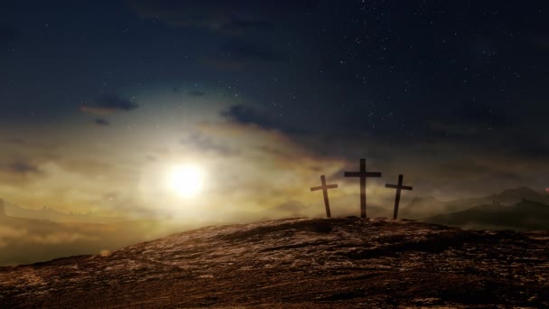 Trzy Krzyże Wzgórzu Zmierzchu Ruchomym Tle Chmur Wielkanoc Wielki Piątek — Wideo stockowe