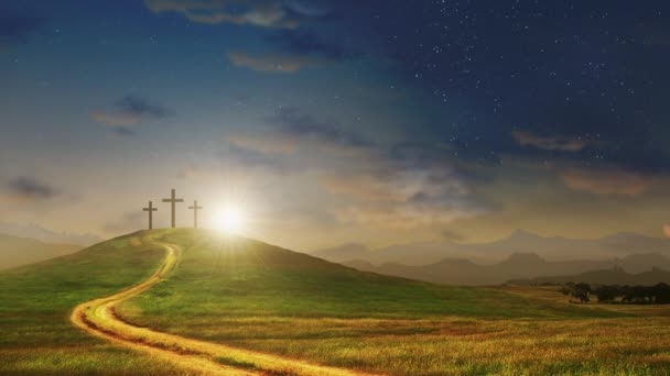 Путь Кресту Концепция Спасения Три Креста Холме Движущимися Облаками Концепция — стоковое видео