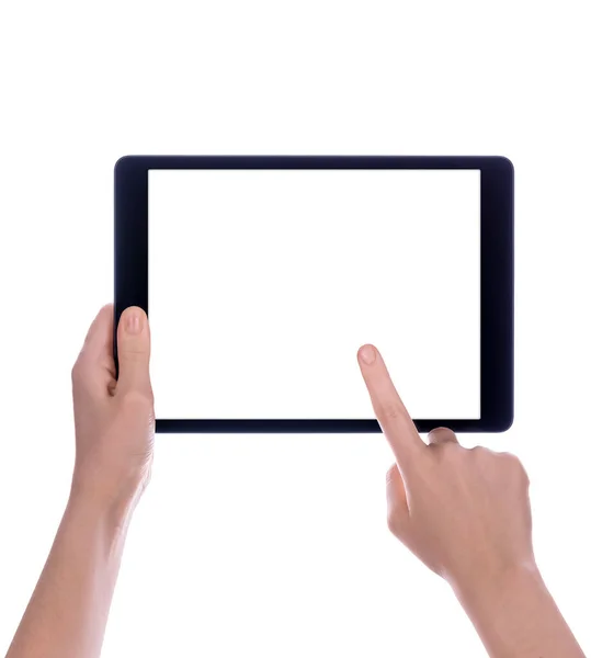 Χέρια Κρατώντας Έναν Υπολογιστή Tablet Λευκή Οθόνη Γυναικεία Χέρια Που — Φωτογραφία Αρχείου