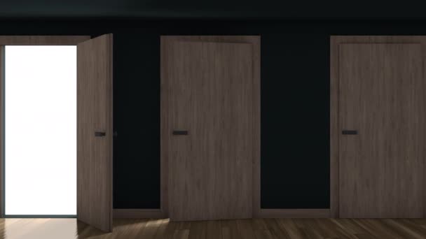 明るい光が差し込む暗い部屋で次々とドアが開きます 適切なソリューションと新しい機会の概念を選択します 3Dアニメーション4K — ストック動画