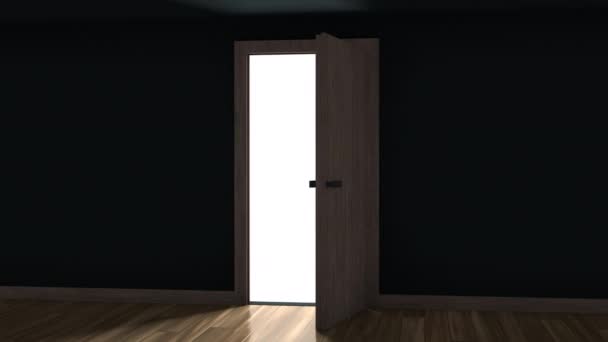 明るい光の暗い部屋でドアを開ける 新しいソリューションと機会の概念を見つけること 3Dアニメーション4K — ストック動画