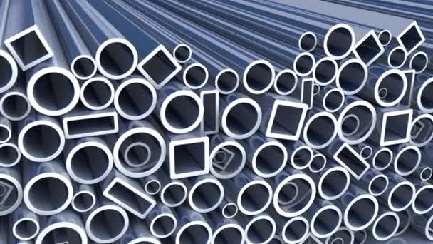 灰色の背景に銀鋼管のスタック 冶金産業の概念 スローモーションでループ3Dアニメーション4K — ストック動画