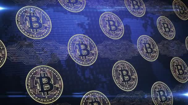 Bitcoin Kryptowährung Blockchain Auf Binärem Blauen Hintergrund Abstrakte Animation Des — Stockvideo