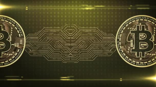 二进制金色背景下的比特币加密货币区块链 数字货币在数字网络空间中抽象动画 无缝圈4K — 图库视频影像