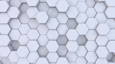 Soyut modern beyaz altıgen geometrik arkaplan. Işığın 3 boyutlu animasyonu, minimum, temiz, hareket eden altıgen ızgara duvar. Kusursuz döngü 4K