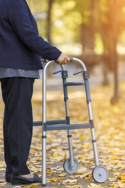 Sonbahar parkında Walker 'la yürüyen bir kadın. Eline odaklan..