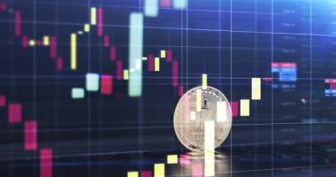 Dizüstü bilgisayarda Bitcoin ve bilgisayar ekranında kripto para işlem şeması. Dijital para, bankacılık, yatırım, finans ve iş konsepti. 4k