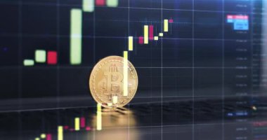 Dizüstü bilgisayarda Bitcoin ve bilgisayar ekranında kripto para işlem şeması. Dijital para, bankacılık, yatırım, finans ve iş konsepti. 4k