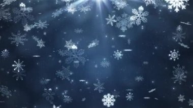 Mavi zemine düşen güzel kar taneleri. Kış, Noel, yeni yıl, tatiller. Kusursuz döngü 4K