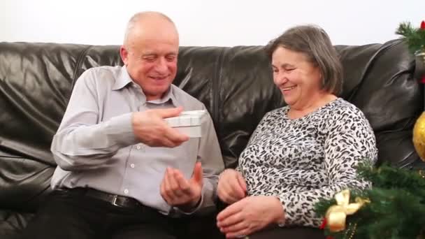 Pareja mayor con regalo cerca del árbol de Navidad — Vídeos de Stock