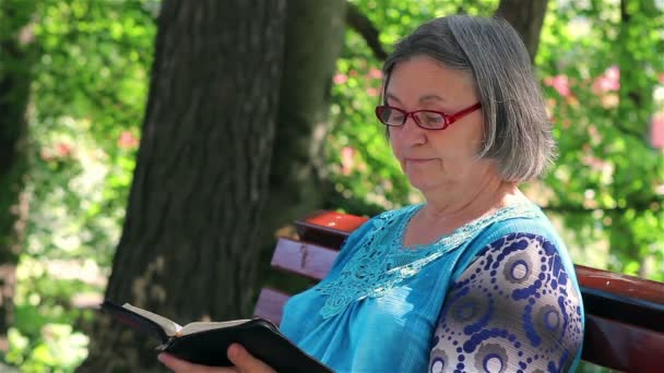 Mujer mayor leyendo la Biblia al aire libre — Vídeos de Stock