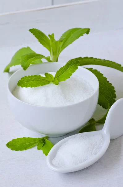 Stevia prášek. Přírodní sladidlo. — Stock fotografie