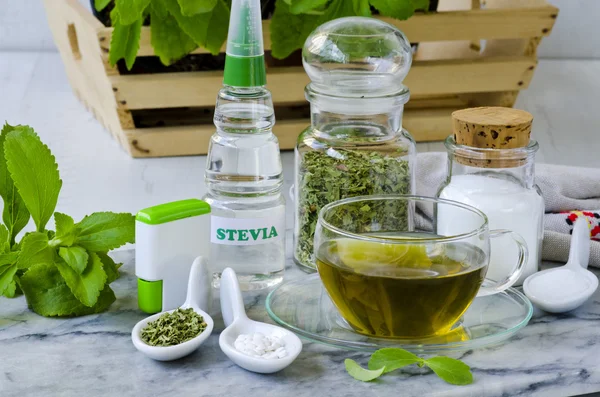 Stevia producten. Natuurlijke zoetstof. Stockfoto