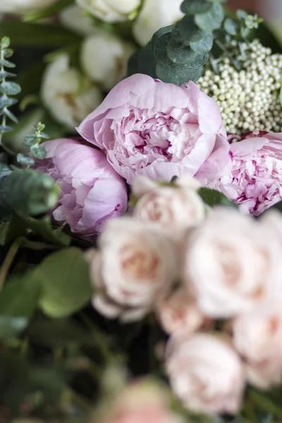 Vackra blommor, pioner och rosor — Stockfoto