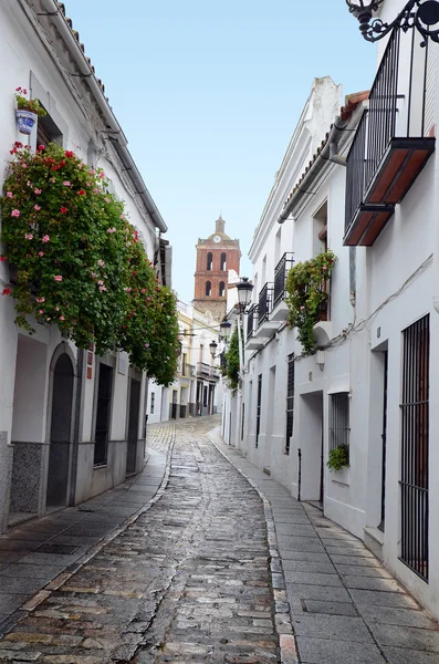 Utsikten över gatan och tornet i Zafra Stockbild