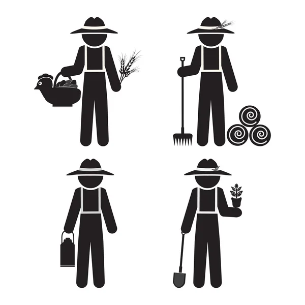 Farmer man with tool, set vector illustration — Stock Vector