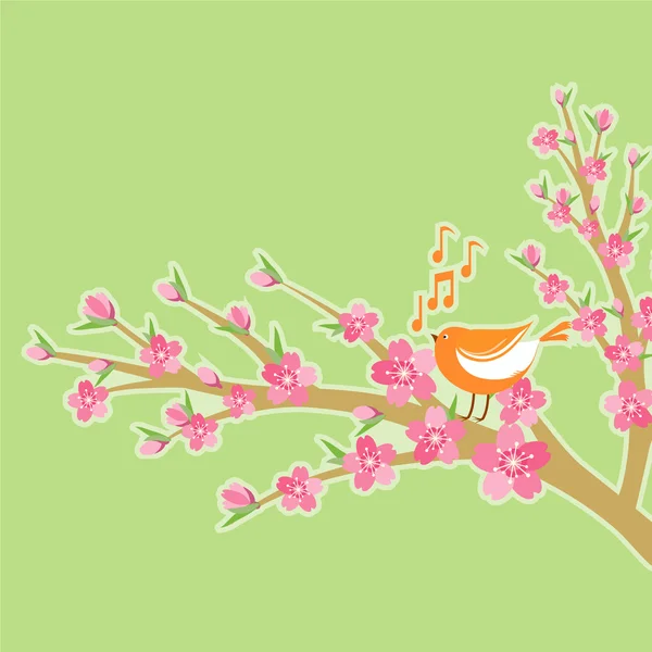 Ramo de flor de cereja com notas de pássaros e música . — Vetor de Stock