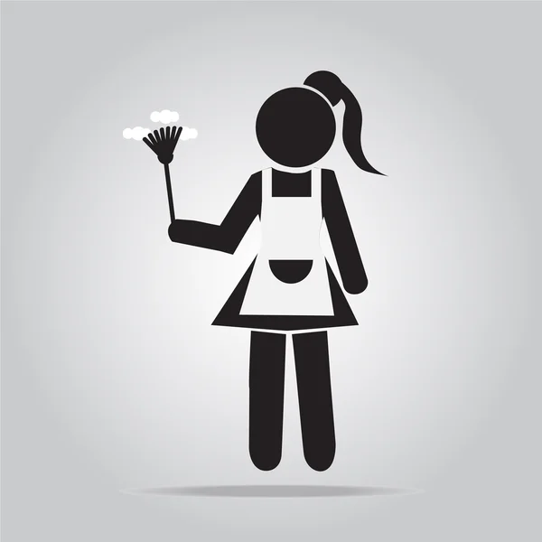 Ícone de limpeza, empregada doméstica com escova de poeira — Vetor de Stock