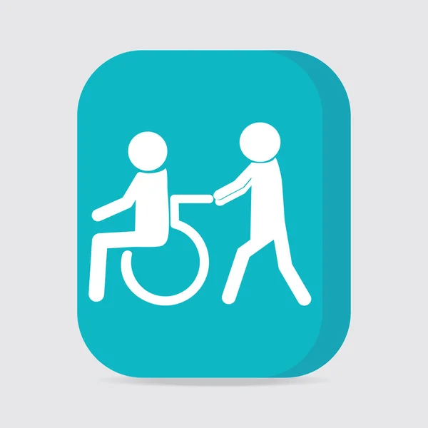 Ikona niepełnosprawnych, człowiek pchanie wózka pacjenta przycisku man — Wektor stockowy