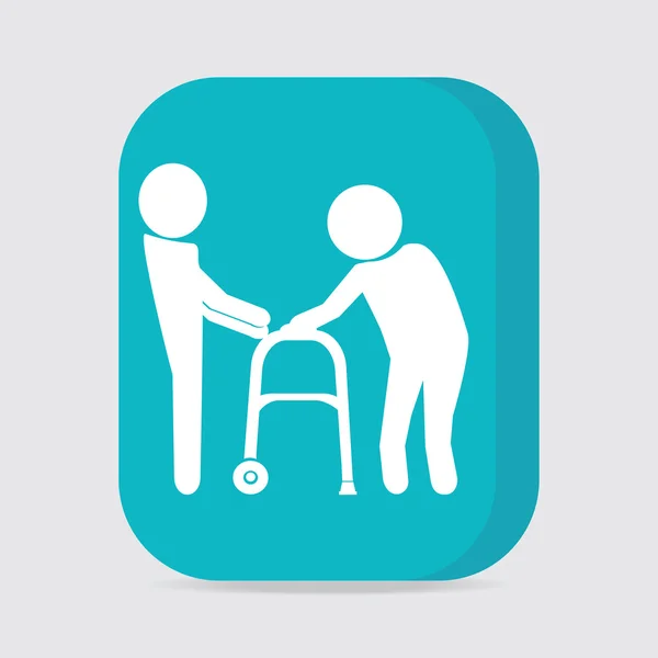 Man helps elderly patient with a walker, button vector illustrat — Stock Vector