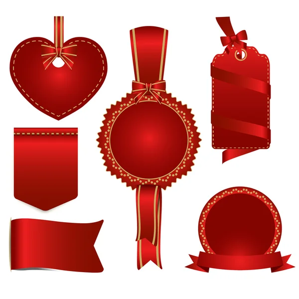 Set of red badges label and ribbon, vector tag illustration — Stock Vector